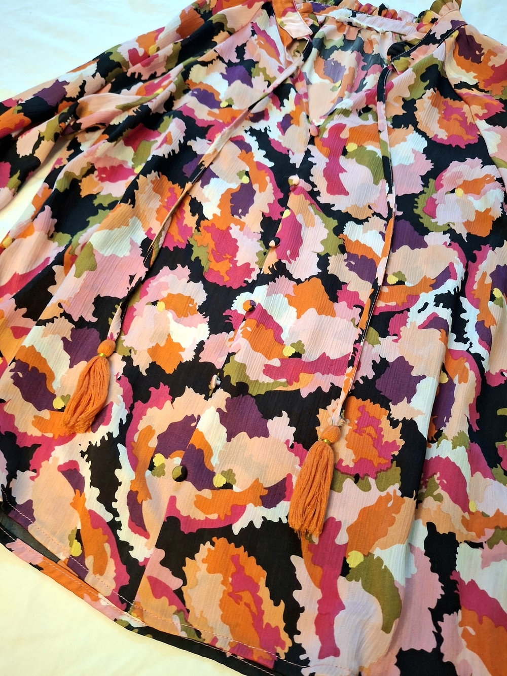THML Floral Tassel Tie Neck Blouse Boho Lightweight Top Medium